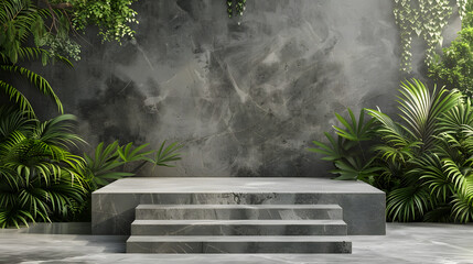 Modern concrete stage with tropical plants and stone wall