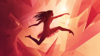 Dynamic abstract artwork featuring a woman leaping amidst red polygonal shapes, creating a sense of movement and freedom.