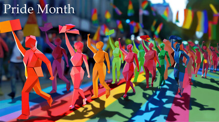 Pride Month Poster: Parade with Origami Figures Celebrating LGBTQ+ Inclusivity and Diversity on Rainbow-Colored Street