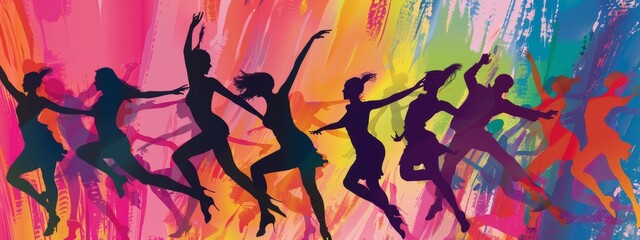 An energetic, dance-themed background with silhouettes of dancers in motion.