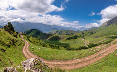 View from the Tsey Loam pass. In the upper reaches of the Dzheyrakh gorge. Republic of Ingushetia,...