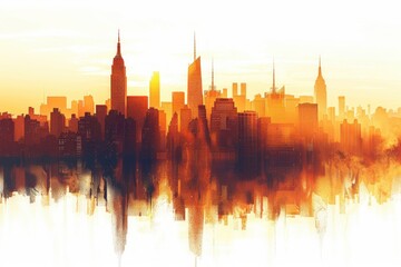 Fototapeta premium A vibrant watercolor painting of the New York City skyline at sunrise. The cityscape is bathed in warm orange hues.
