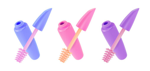 3d Different Color Mascara Open Tube Set Cartoon Design Style. Vector illustration of Makeup Cosmetic Product Concept