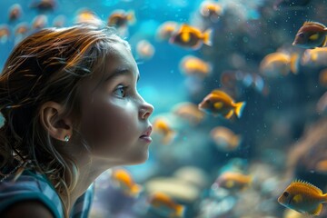 An adorable girl, excitedly looking at colorful reef fish in an underwater aquarium.