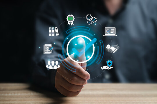 Standard quality control and certification assurance management concept, Businessman thumbs up on best quality icon, Quality Assurance, health insurance, Reliable international standards