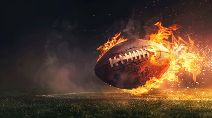 A photorealistic American football ball engulfed in flames soaring through the air on a pitch illuminated by floodlights, with a black background emphasizing its dynamic movement