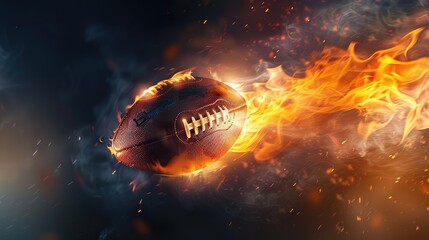 An action shot of a flaming American football ball in mid-flight against a dark backdrop, with bright stadium lights highlighting the intense energy and motion
