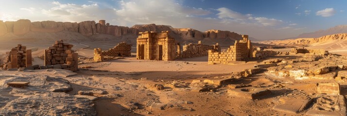 The warm sunset light bathes ancient stone ruins in the desert emphasizing their historical grandeur