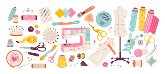 Sewing and embroidery collection. Sewing machine, threads and needles for needlework. Vector illustrations of sewing tools, equipment and accessories
