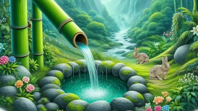 The bamboo water fountain flows aesthetically