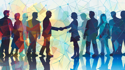 ネットワークの概念と握手する人のシルエット