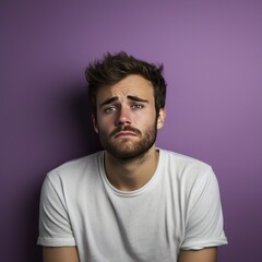 Lavender background sad european white man realistic person portrait of young beautiful bad mood expression man Isolated on Background depression anxiety 