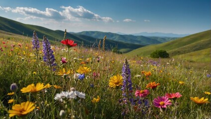 This is a colorful field of flowers, with green grass and rolling hills in the background.

