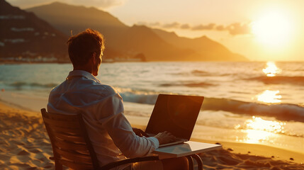 A man working on a laptop in nature, on the shore of the ocean. The concept of work-life balance or a freelancer concept.