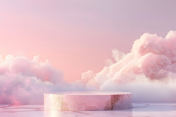 Dreamy pink cloudscape with empty podium