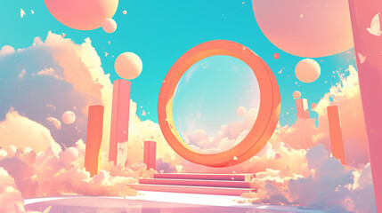 Playful 3D Cartoon Stage with Colorful Clouds and Geometric Shapes for Product Display or Advertising