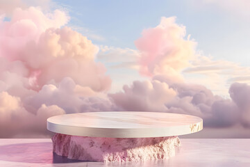 Serene pink cloudscape with product display podium