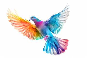 A vibrant dove with colorful wings in flight, isolated on a white background.