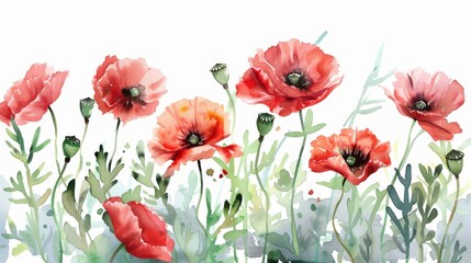 Fototapeta premium Vibrant watercolor poppies in lush greenery scene