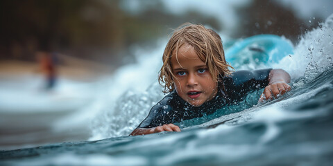 Close-up of a boy surfing, Concept photography on holiday activities at sea,