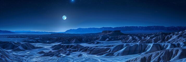 Barren badlands illuminated by a bright full moon set against a backdrop of starry skies and distant mountains. - Powered by Adobe