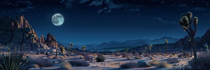 A full moon rises over the distinctive Joshua trees and rocky landscapes of a desert under a starry night sky.