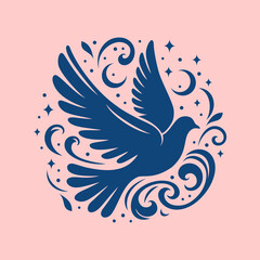 Fototapeta premium Emblem with the silhouette of a dove of peace on a pink background. Vector illustration