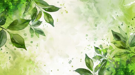Vibrant green watercolor leaves in springtime nature scene