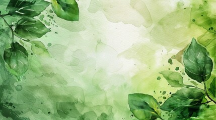 Green watercolor background with leaf silhouettes for spring design