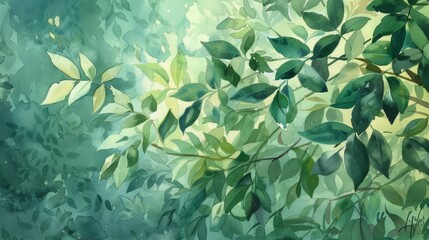 Tranquil green watercolor botanical background with lush leaves