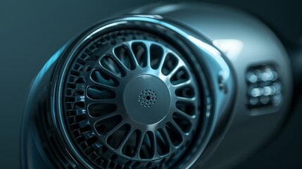 Close-up of a hair dryer's heating mechanism, isolated background with studio lighting, showcasing the fan and heating element, perfect for advertising