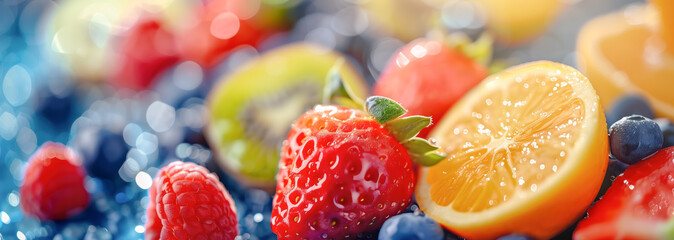 Closeup panoramic view of fresh colourful fruit. Freshness and refreshment concept.