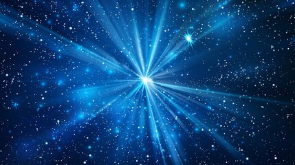 Brilliant blue starburst in deep space with radiant light rays