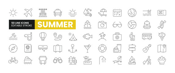Set of 50 Summer or Summer Vacation line icons set. Summer outline icons with editable stroke collection. Includes Camera, Backpack, Airport, Bonefire, Fishing, and More.
