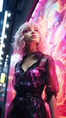 Fototapeta premium Portrait of a fashionable woman with blonde hair, standing next to a neon-lit billboard in a vibrant city at night.