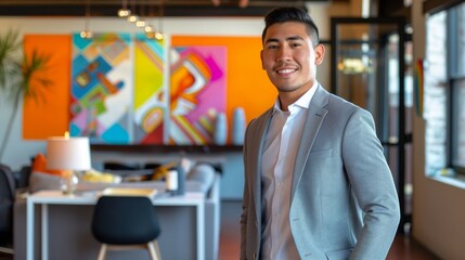 Fototapeta premium Confident Business Professional in Modern Office Setting, Diverse Representation for Corporate Branding and Marketing