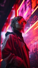 Obraz premium Woman in futuristic attire with neon lights in background, wearing sunglasses, jacket, tech-themed setting, vibrant colors, modern urban style.