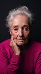 Magenta background sad European white Woman grandmother realistic person portrait of young beautiful bad mood expression Woman Isolated Background