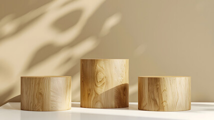 Wooden cylindrical blocks with cast shadows on neutral background