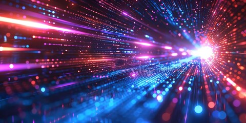Fototapeta premium Abstract digital background with glowing lines and bokeh lights, representing data flow in technology or cyber security concept. Glowing blue purple light rays, motion blur effect,