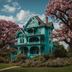 Victorian house with turquoise trim nestled among flowering trees.

