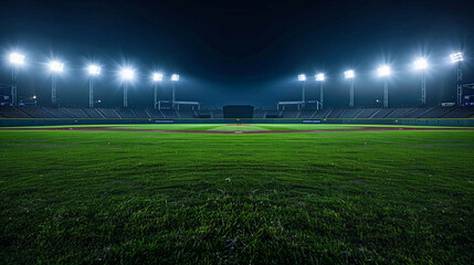 A night view of an empty baseball stadium, floodlights casting a soft glow on the perfectly manicured field, with expansive copy space in the dark sky above.