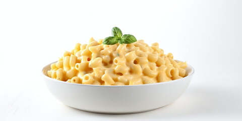 Macaroni in Cheese Sauce in White Plate on White Background