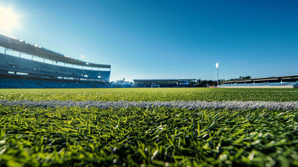 A pristine football stadium under a clear blue sky, focusing on the lush, perfectly maintained grass pitch with extensive copy space in the sky.