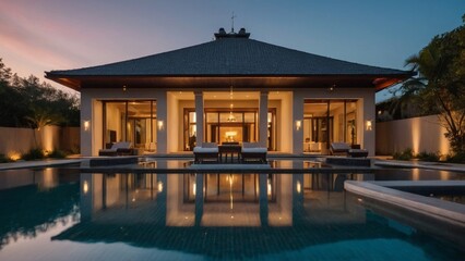 Fototapeta premium Luxurious villa with swimming pool at dusk