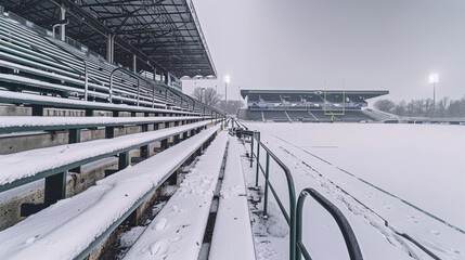 A serene, snowy day at a football stadium, snow blanketing the stands and field, focusing on the untouched beauty of the winter scene with extensive copy space in the grey sky.