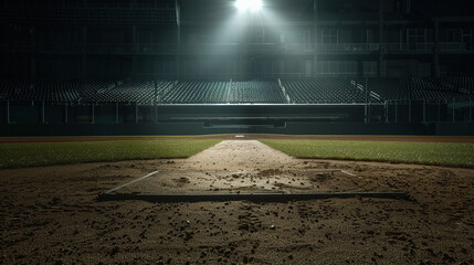 A spotlight illuminates an empty batter's box at a baseball field during an off-hour, with dramatic shadows and a large amount of copy space in the dark, quiet stands.