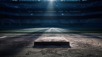 A spotlight illuminates an empty batter's box at a baseball field during an off-hour, with dramatic shadows and a large amount of copy space in the dark, quiet stands.