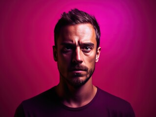 Magenta background sad european white man realistic person portrait of young beautiful bad mood expression man Isolated on Background depression anxiety