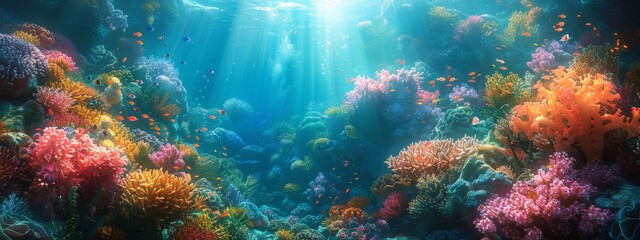 Fototapeta premium An underwater scene featuring colorful coral reefs, diverse marine life, and sunlight filtering through the water.